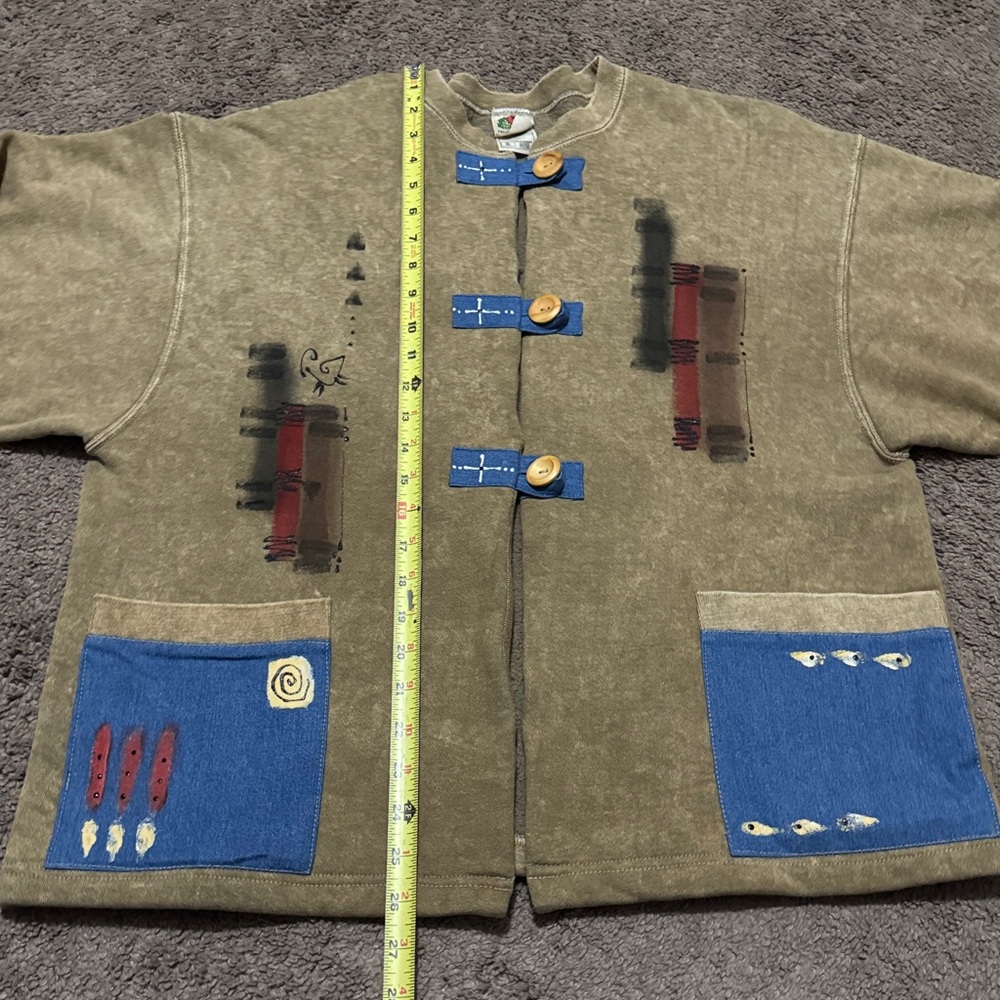 Vintage-Repurposed Sweatshirt-Tan-Abstract Detail-3 Button Toggle-Boxy Relaxed - Picture 13 of 16